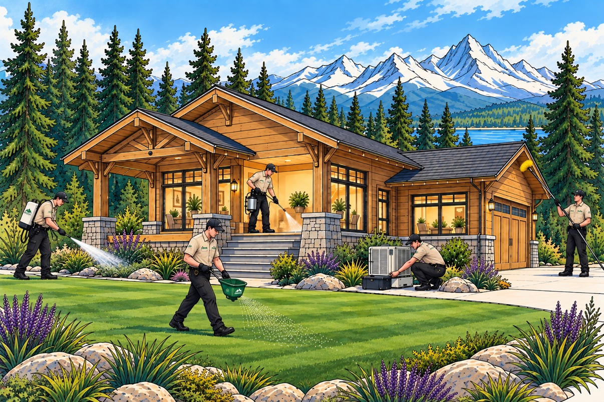 Original architectural illustration of a Northwest craftsman home with Summit technicians protecting the foundation, interior, grounds, eaves, and garage entry