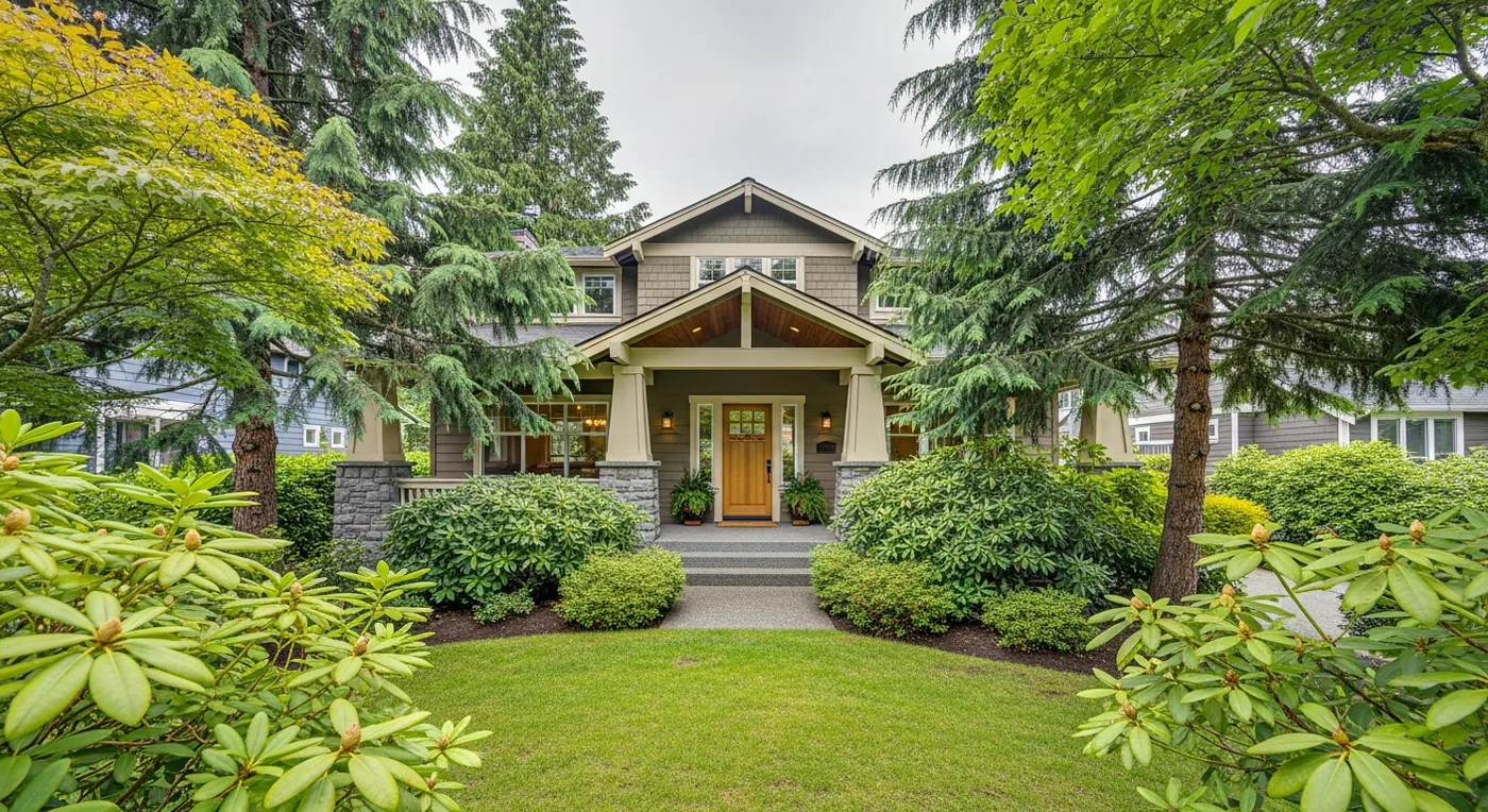Northwest craftsman home framed by mature evergreen trees and landscaping