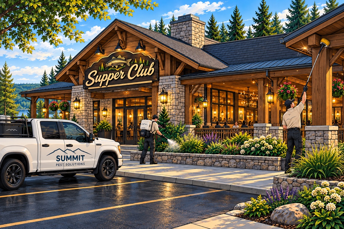 Restaurant exterior with Summit technicians providing discreet commercial pest protection