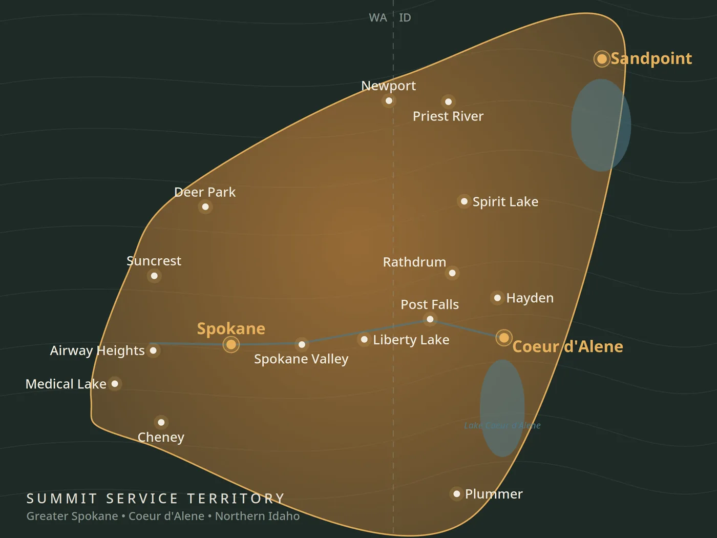 Illustrated Summit service territory map spanning Greater Spokane, Coeur d’Alene, and Northern Idaho communities