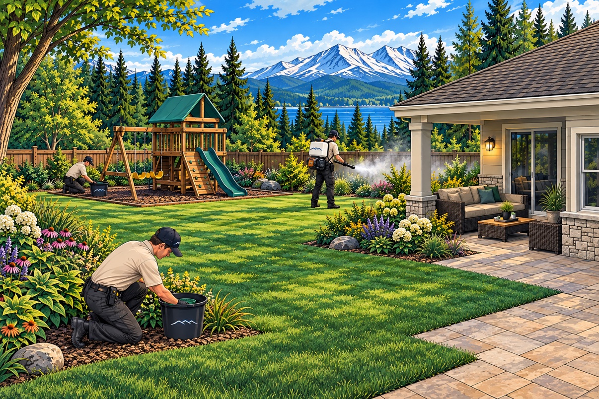 Illustration of Summit technicians treating a landscaped backyard with fogging and In2Care mosquito stations